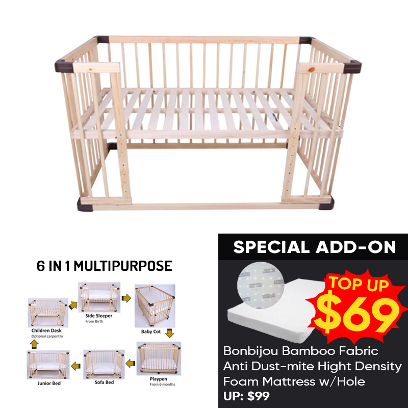 Bonbijou Takara Baby Multipurpose Baby Cot Natural w/o Varnish - Natural *Cot Only & Self-Collection & Self Assembly